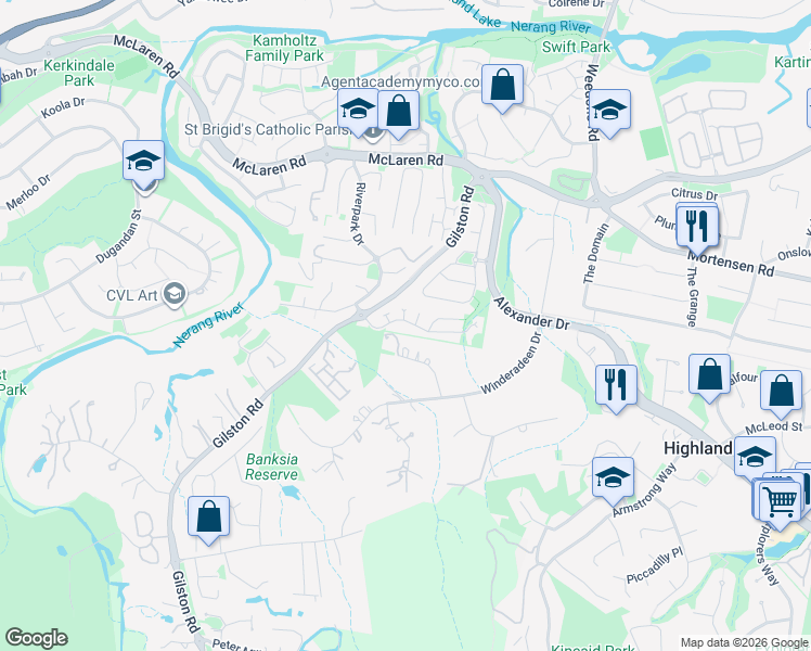 map of restaurants, bars, coffee shops, grocery stores, and more near 21 Sandalwood Terrace in Nerang