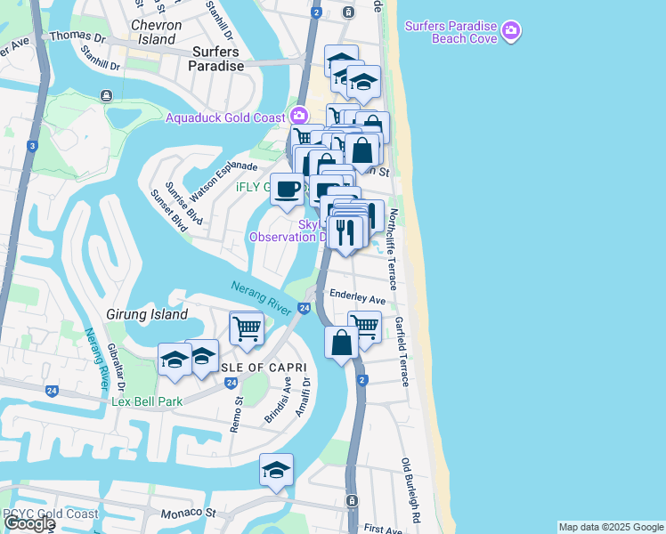 map of restaurants, bars, coffee shops, grocery stores, and more near 41 Markwell Avenue in Surfers Paradise