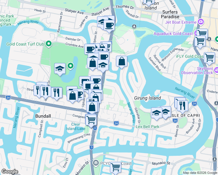map of restaurants, bars, coffee shops, grocery stores, and more near 10 Vespa Crescent in Surfers Paradise