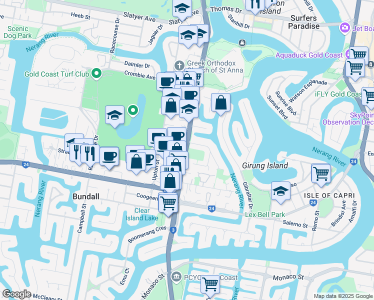 map of restaurants, bars, coffee shops, grocery stores, and more near 57 Bundall Road in Bundall