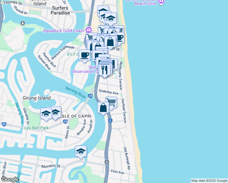 map of restaurants, bars, coffee shops, grocery stores, and more near 5 Enderley Avenue in Gold Coast