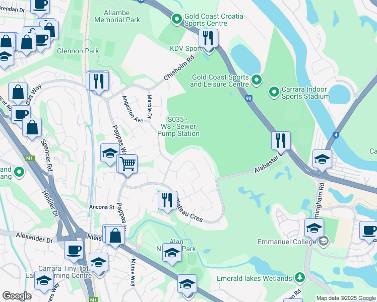 map of restaurants, bars, coffee shops, grocery stores, and more near 29 Cairngorm Street in Carrara