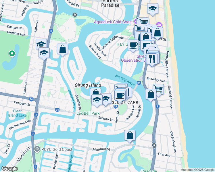 map of restaurants, bars, coffee shops, grocery stores, and more near 3 Valencia Avenue in Surfers Paradise