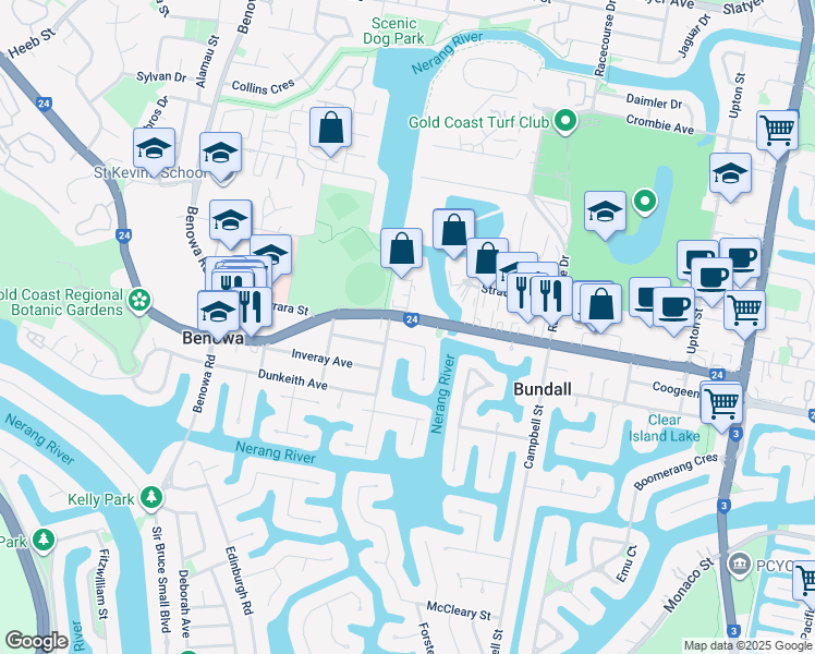 map of restaurants, bars, coffee shops, grocery stores, and more near 130 Ashmore Road in Benowa