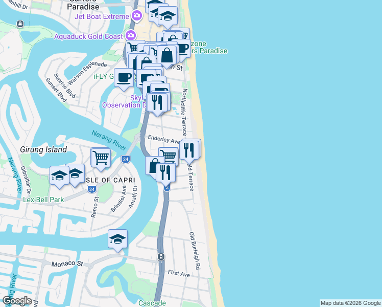 map of restaurants, bars, coffee shops, grocery stores, and more near 69 Garfield Terrace in Surfers Paradise