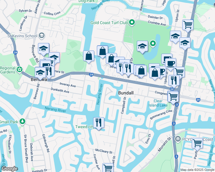 map of restaurants, bars, coffee shops, grocery stores, and more near 54 Claymore Crescent in Bundall