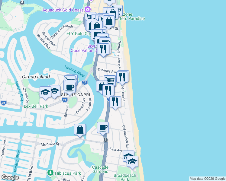map of restaurants, bars, coffee shops, grocery stores, and more near 19 Aubrey Street in Surfers Paradise