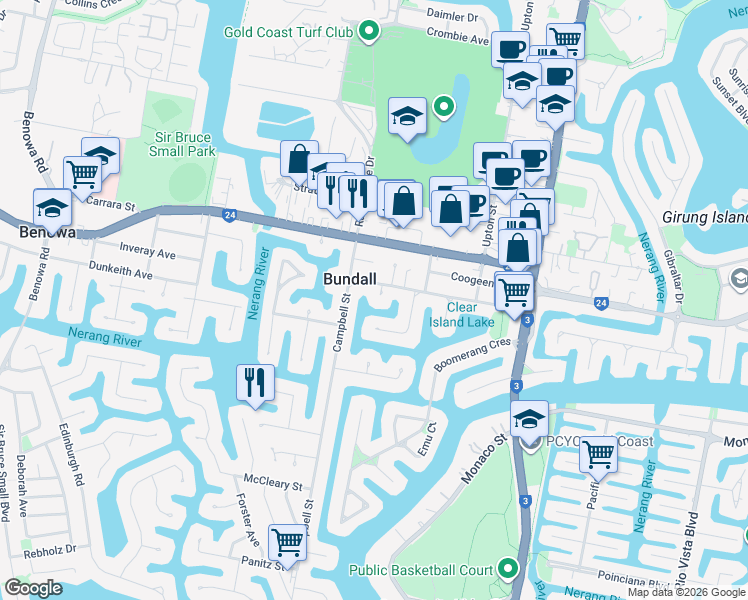 map of restaurants, bars, coffee shops, grocery stores, and more near 3 Laurel Court in Bundall