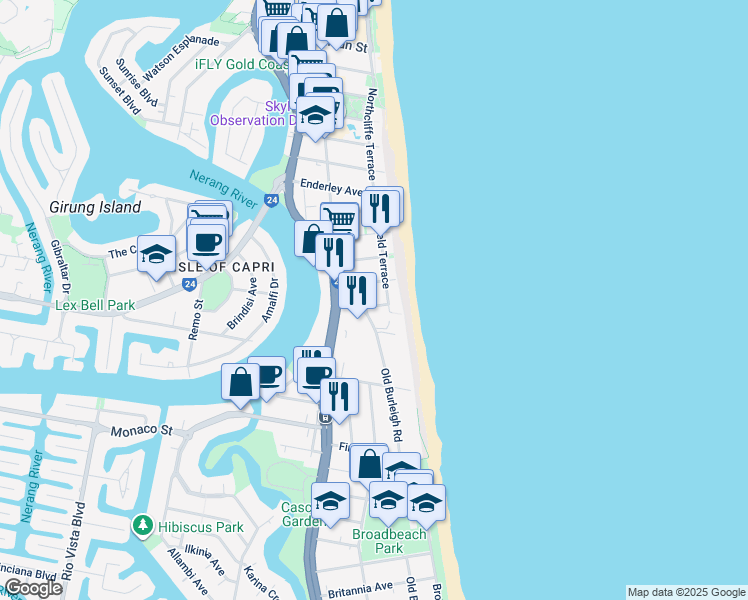 map of restaurants, bars, coffee shops, grocery stores, and more near 7 Fern Street in Surfers Paradise