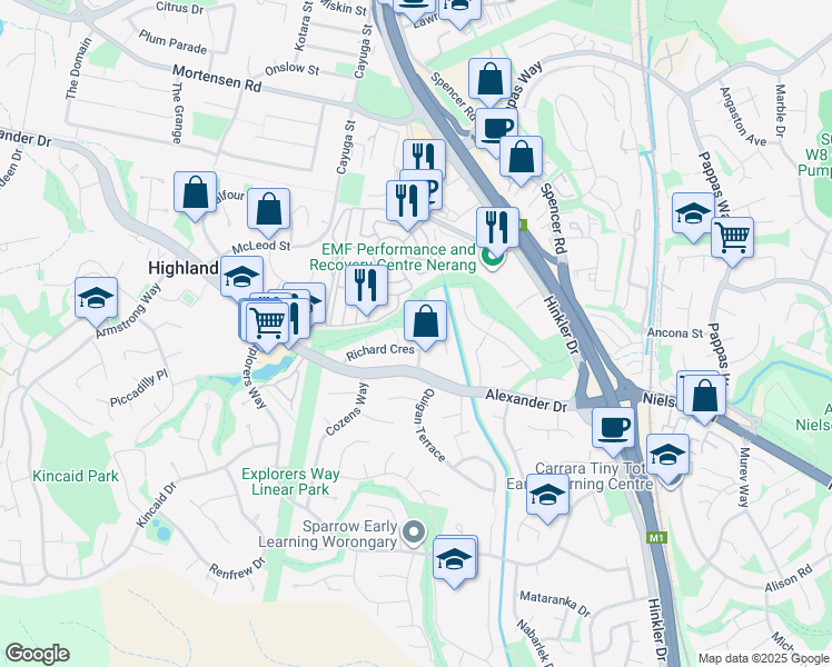 map of restaurants, bars, coffee shops, grocery stores, and more near 12 Wirth Terrace in Highland Park