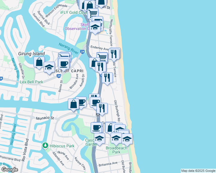 map of restaurants, bars, coffee shops, grocery stores, and more near 3 Old Burleigh Road in Surfers Paradise