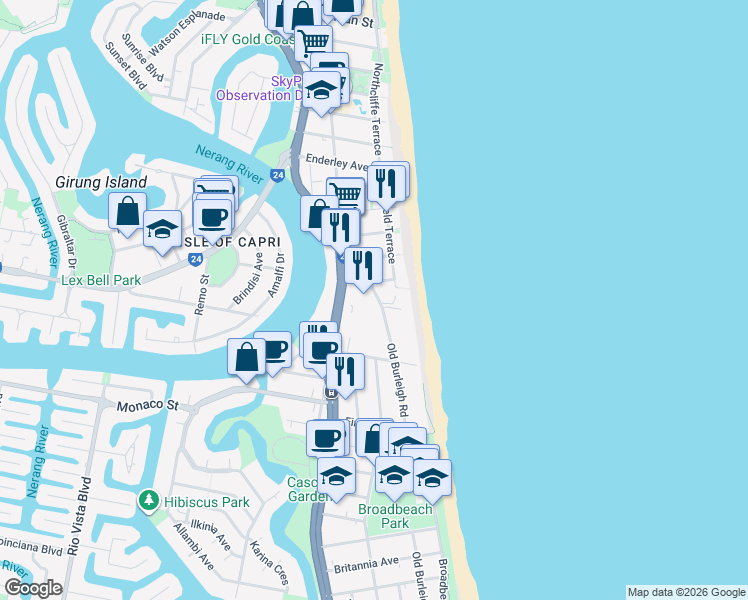 map of restaurants, bars, coffee shops, grocery stores, and more near 5 Old Burleigh Road in Surfers Paradise