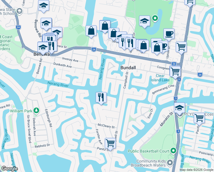 map of restaurants, bars, coffee shops, grocery stores, and more near 9 Claymore Crescent in Bundall