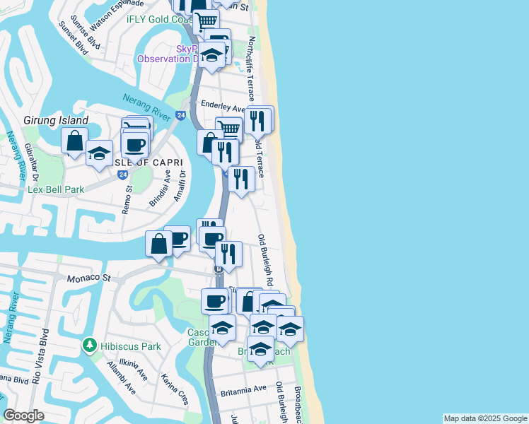 map of restaurants, bars, coffee shops, grocery stores, and more near 20 Old Burleigh Road in Surfers Paradise