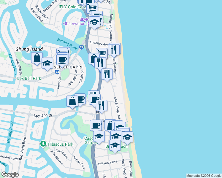 map of restaurants, bars, coffee shops, grocery stores, and more near 17-19 Old Burleigh Road in Surfers Paradise