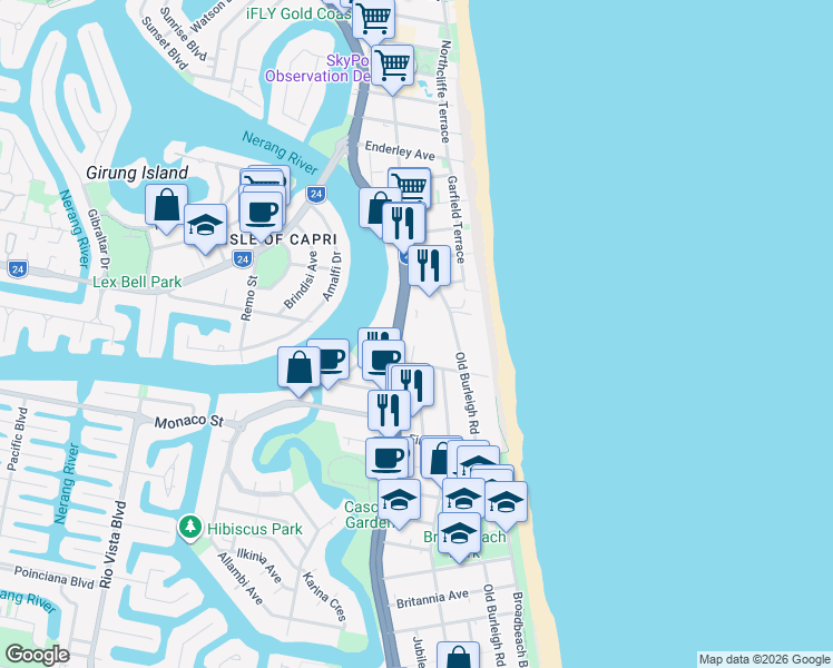 map of restaurants, bars, coffee shops, grocery stores, and more near 2865 Gold Coast Highway in Surfers Paradise