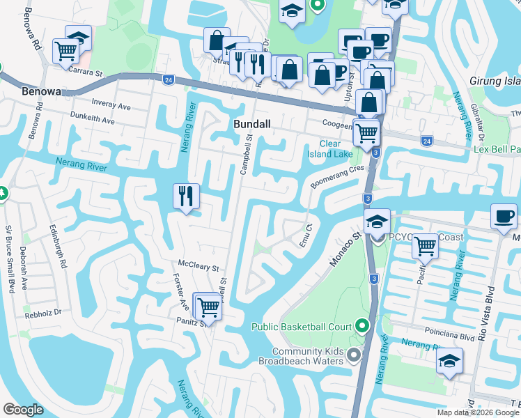 map of restaurants, bars, coffee shops, grocery stores, and more near 2 Platypus Avenue in Bundall