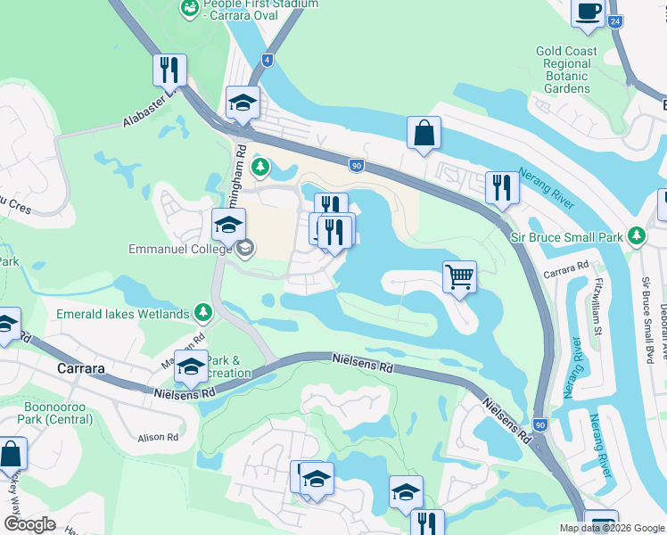 map of restaurants, bars, coffee shops, grocery stores, and more near 3030 The Boulevard in Carrara