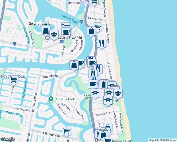 map of restaurants, bars, coffee shops, grocery stores, and more near 10-16 Genoa Street in Surfers Paradise