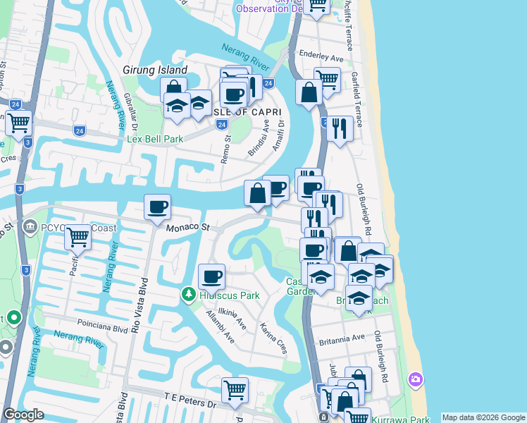 map of restaurants, bars, coffee shops, grocery stores, and more near 41 Monaco Street in Broadbeach Waters
