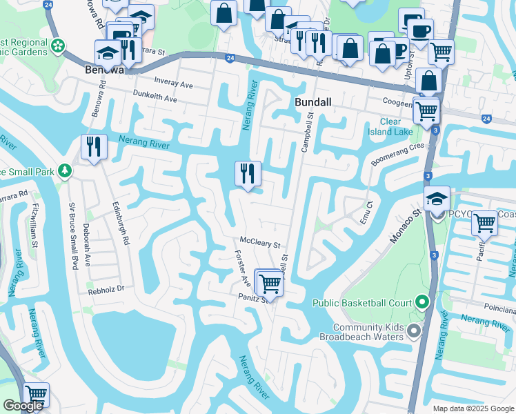 map of restaurants, bars, coffee shops, grocery stores, and more near 20 Lothian Avenue in Bundall