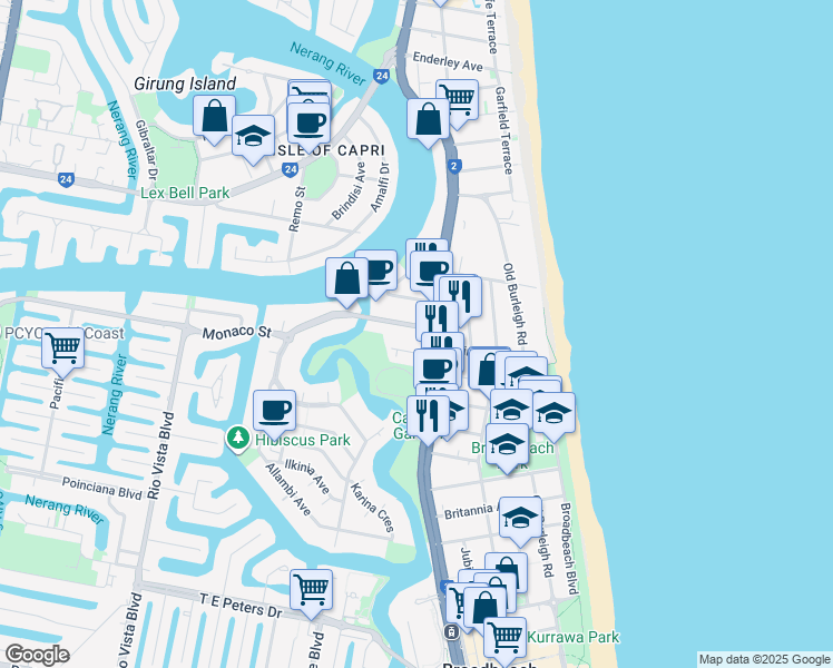 map of restaurants, bars, coffee shops, grocery stores, and more near 10 Monaco Street in Surfers Paradise