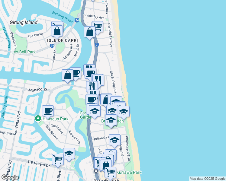 map of restaurants, bars, coffee shops, grocery stores, and more near 75 Old Burleigh Road in Surfers Paradise