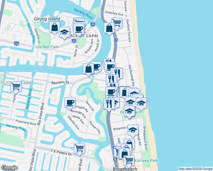 map of restaurants, bars, coffee shops, grocery stores, and more near 7 Monte Carlo Avenue in Surfers Paradise