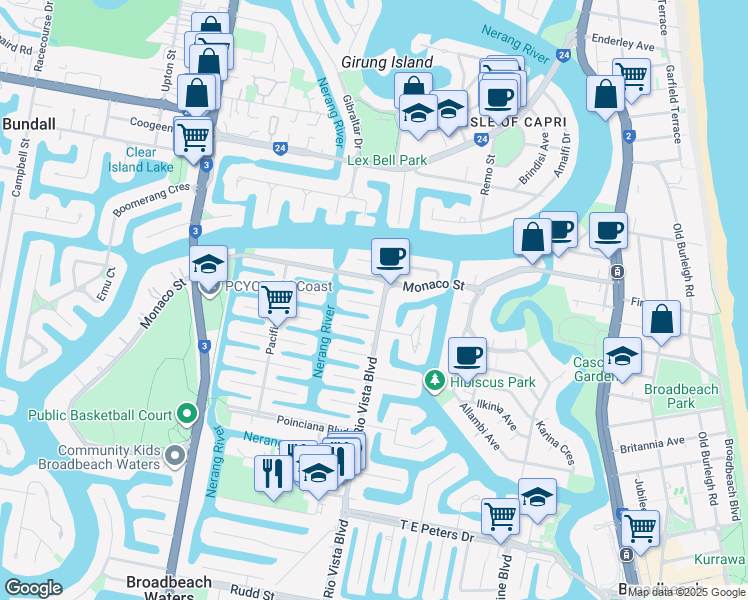 map of restaurants, bars, coffee shops, grocery stores, and more near 1 Bahia Court in Broadbeach Waters