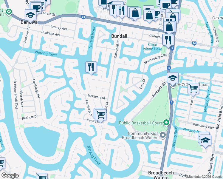 map of restaurants, bars, coffee shops, grocery stores, and more near 101 Campbell Street in Bundall