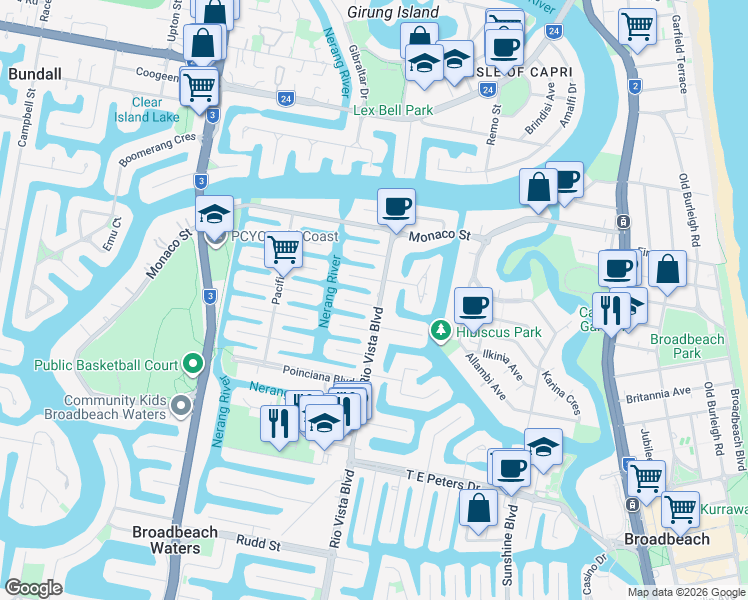 map of restaurants, bars, coffee shops, grocery stores, and more near 15 Rio Vista Boulevard in Broadbeach Waters