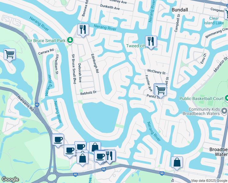 map of restaurants, bars, coffee shops, grocery stores, and more near 12 Charolais Crescent in Benowa