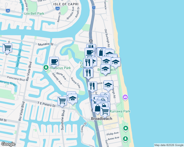 map of restaurants, bars, coffee shops, grocery stores, and more near 12 Rosewood Avenue in Broadbeach