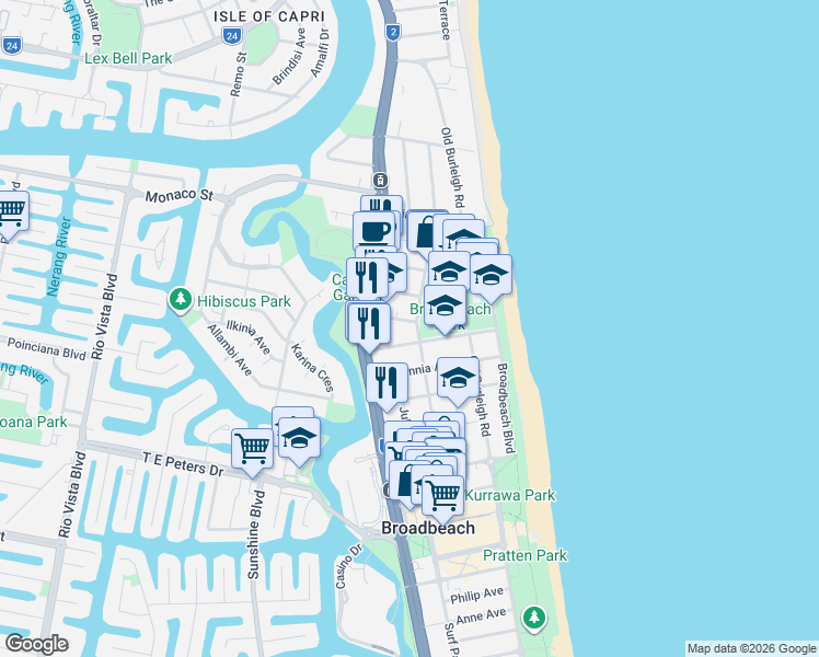 map of restaurants, bars, coffee shops, grocery stores, and more near 150 Surf Parade in Broadbeach