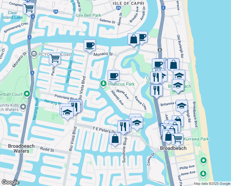 map of restaurants, bars, coffee shops, grocery stores, and more near 26 Allambi Avenue in Broadbeach Waters