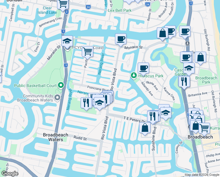 map of restaurants, bars, coffee shops, grocery stores, and more near 33 Rio Vista Boulevard in Broadbeach Waters