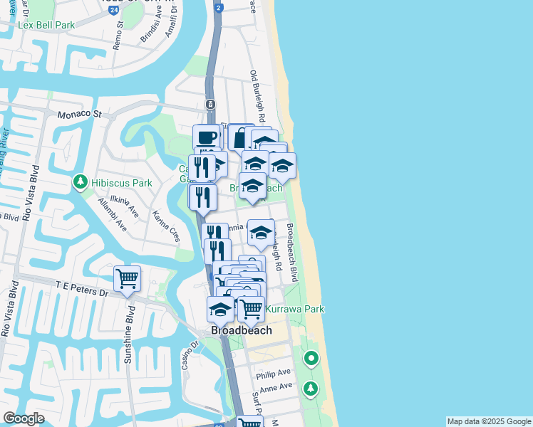 map of restaurants, bars, coffee shops, grocery stores, and more near 7 Britannia Avenue in Broadbeach