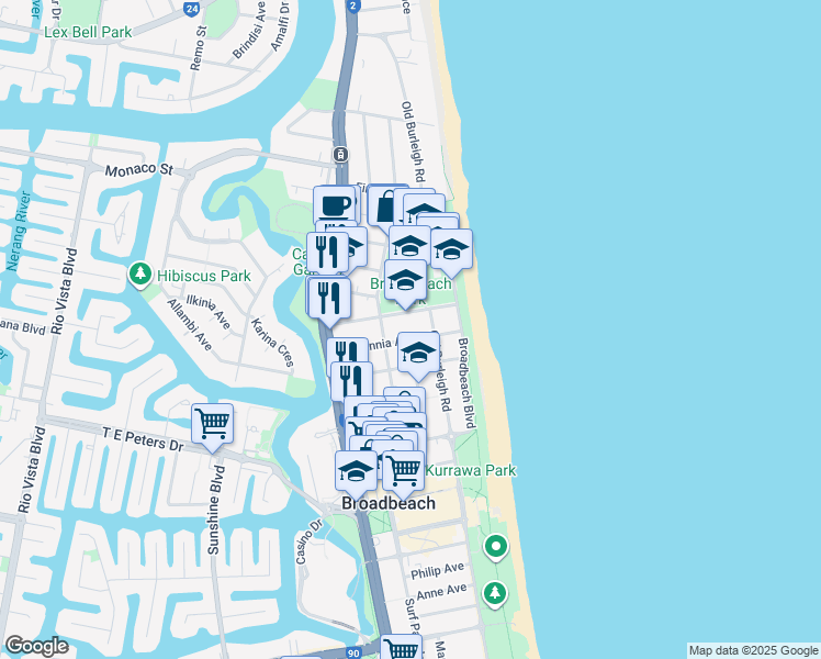 map of restaurants, bars, coffee shops, grocery stores, and more near 15 Britannia Avenue in Broadbeach