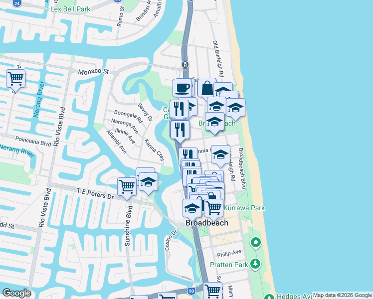 map of restaurants, bars, coffee shops, grocery stores, and more near 47 Britannia Avenue in Broadbeach