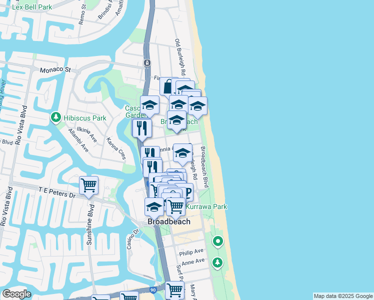 map of restaurants, bars, coffee shops, grocery stores, and more near 111 Old Burleigh Road in Broadbeach