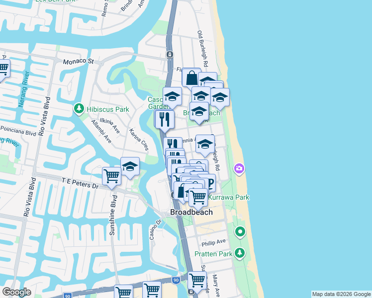 map of restaurants, bars, coffee shops, grocery stores, and more near 29 Australia Avenue in Broadbeach