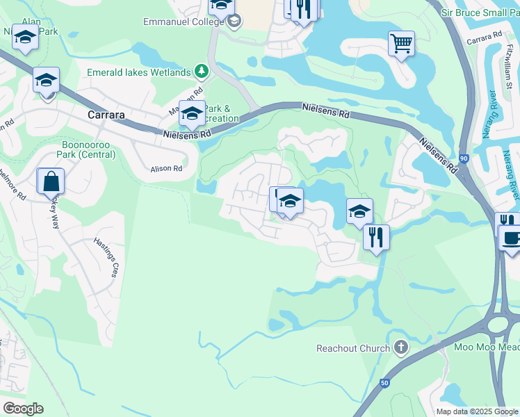 map of restaurants, bars, coffee shops, grocery stores, and more near 136 Palm Meadows Drive in Carrara
