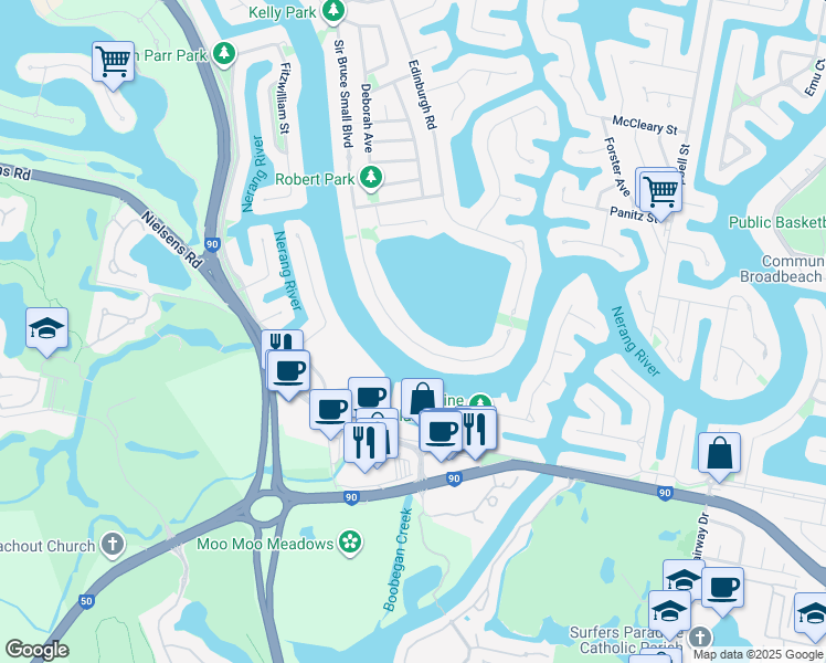 map of restaurants, bars, coffee shops, grocery stores, and more near 112 Sir Bruce Small Boulevard in Benowa