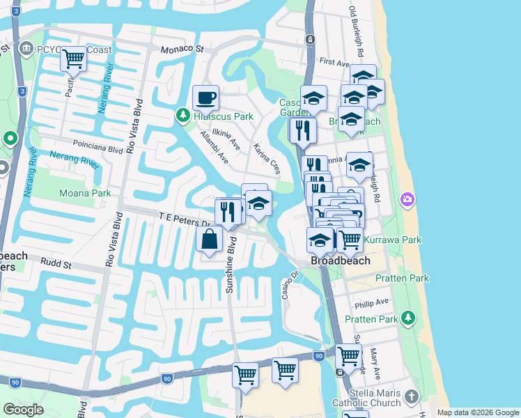 map of restaurants, bars, coffee shops, grocery stores, and more near 33 T E Peters Drive in Broadbeach Waters