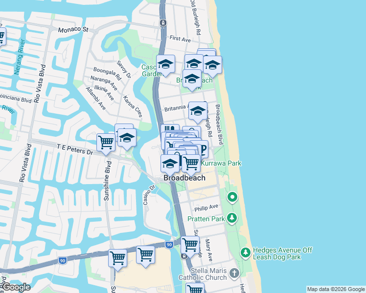 map of restaurants, bars, coffee shops, grocery stores, and more near 112 Surf Parade in Broadbeach