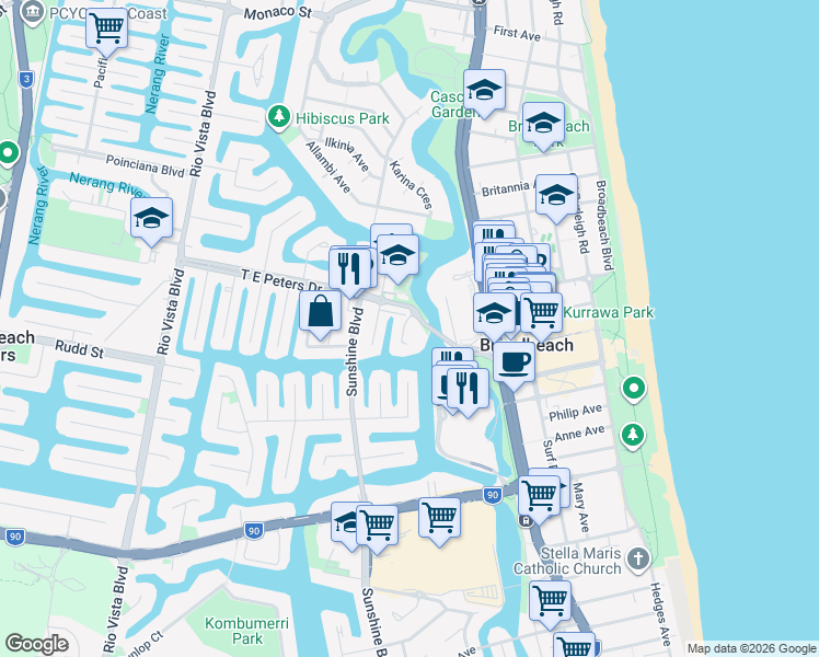 map of restaurants, bars, coffee shops, grocery stores, and more near 6 Miami Key in Broadbeach Waters