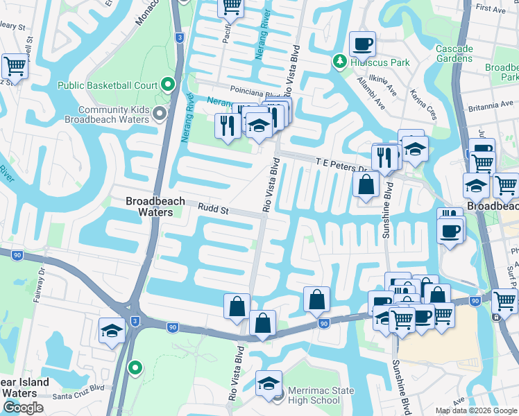 map of restaurants, bars, coffee shops, grocery stores, and more near 32 Rudd Street in Broadbeach Waters
