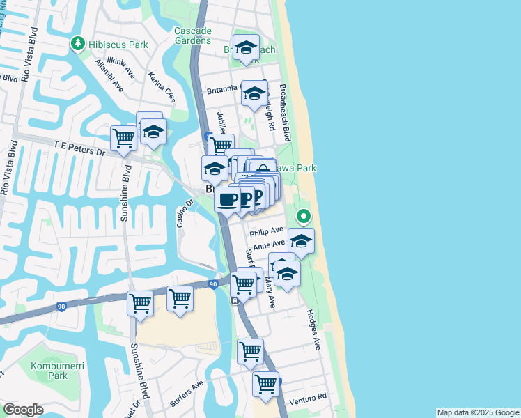 map of restaurants, bars, coffee shops, grocery stores, and more near 1 Oracle Boulevard in Broadbeach