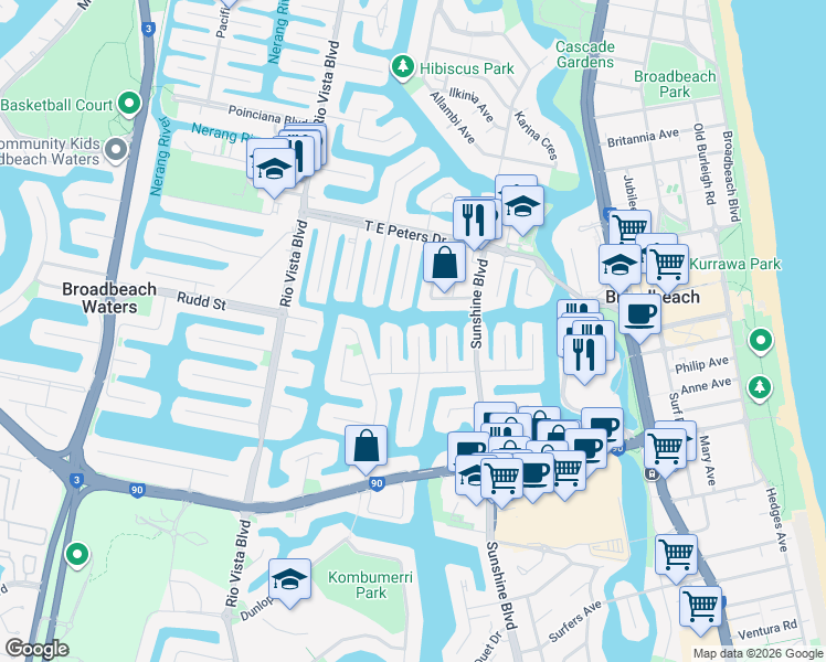 map of restaurants, bars, coffee shops, grocery stores, and more near 13 Coral Gables Key in Broadbeach Waters