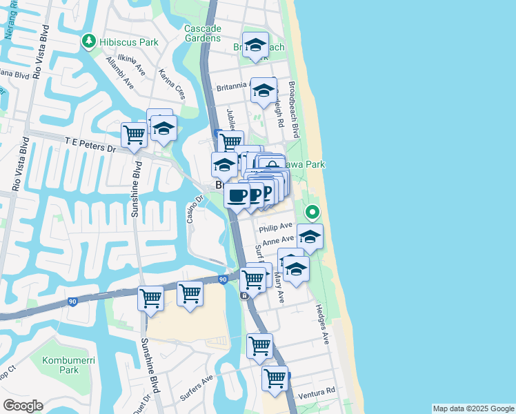 map of restaurants, bars, coffee shops, grocery stores, and more near 3 Oracle Boulevard in Broadbeach